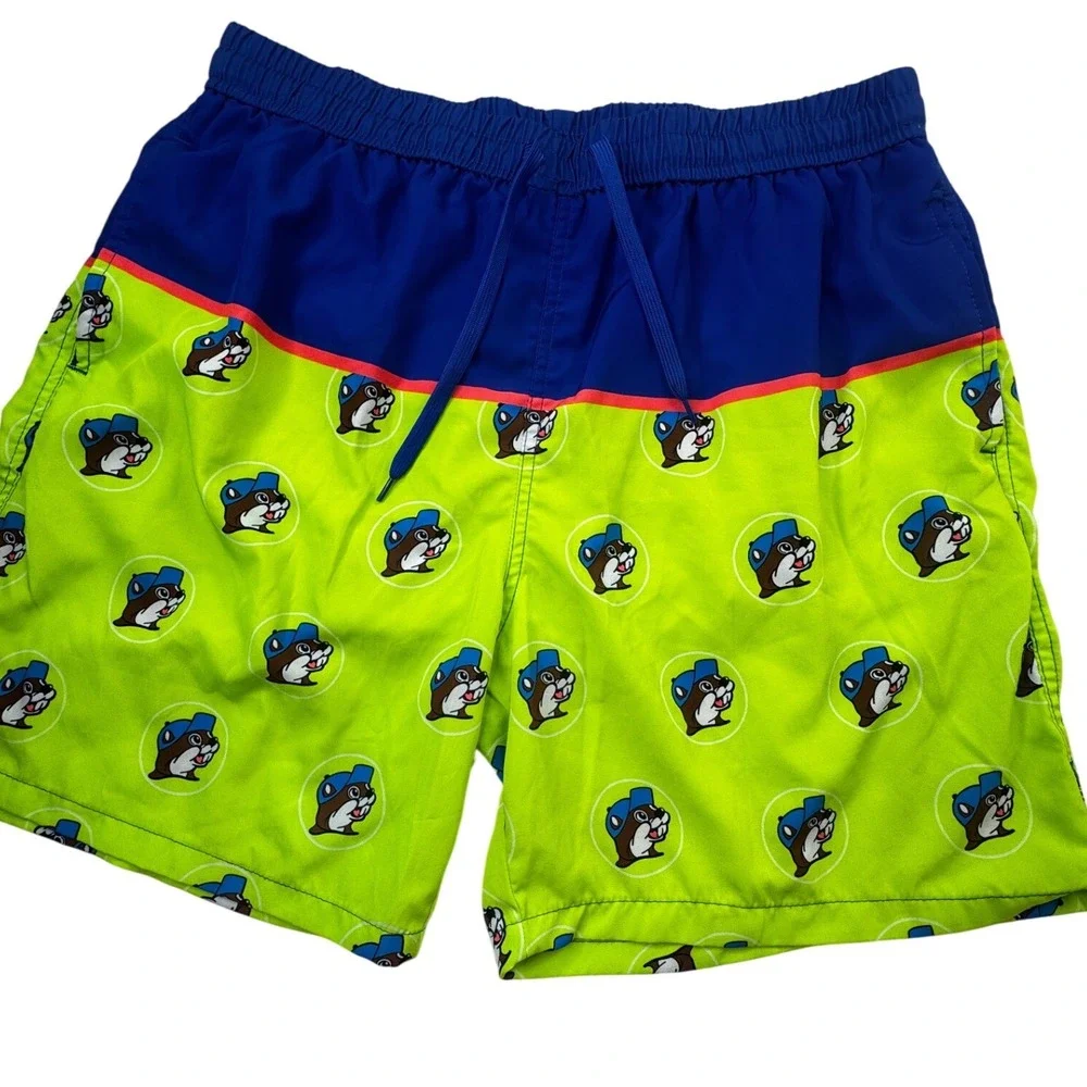 Buc-ees Mens 2X Swim Trunks Blue Lime Green Beaver Mascot Board Shorts Texas 2XL